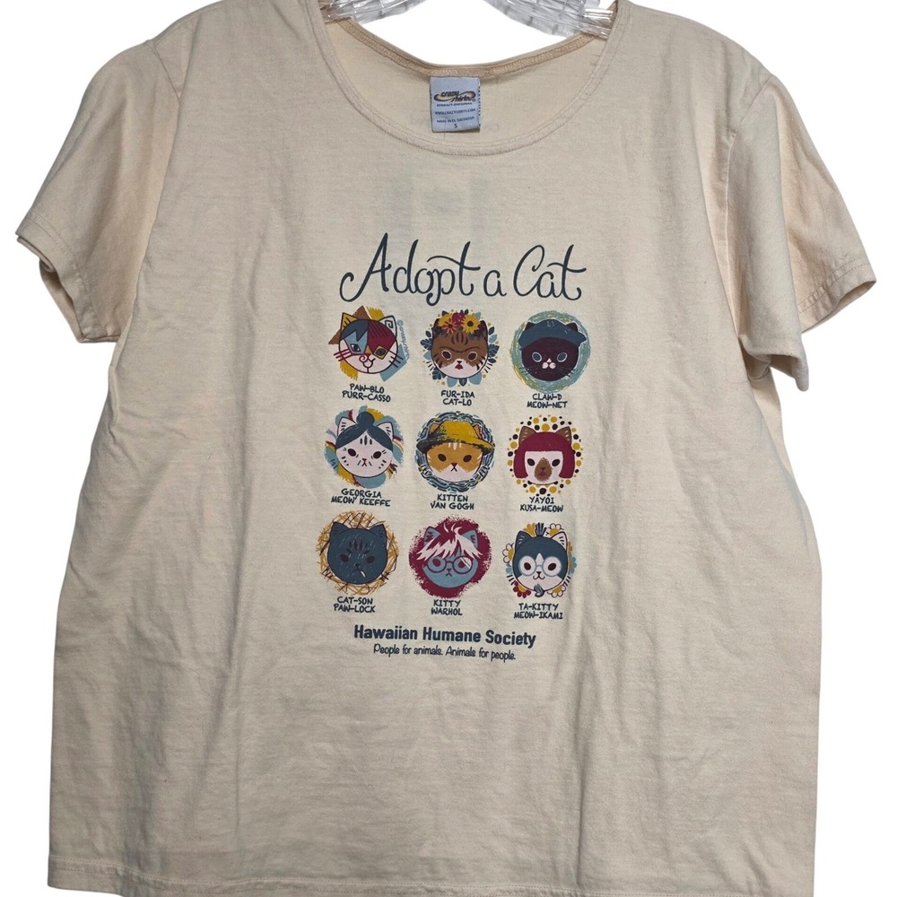 Crazy Shirts Adopt a Cat Coconut Dyed Graphic T-Shirt Cream Small NWT